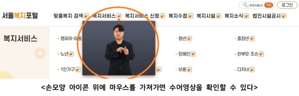 서울복지포털 홈페이지의 복지서비스 안내 화면이다.  상단 왼쪽에는 “서울복지포털”이라는 글자가 보인다. 그 오른쪽으로 메뉴가 나열되어 있으며, “맞춤복지 검색”, “복지서비스”, “복지서비스 신청”, “복지소식”, “복지시설”, “복지상담”, “개인서비스” 메뉴가 있다.  상단 오른쪽에는 “수어서비스 제공”이라는 표시와 함께 “로그인” 버튼이 있다.  화면 중앙 상단에는 “복지서비스”라는 제목이 보인다.  그 아래 화면 중앙에는 주황색 원으로 강조 표시된 영역이 있으며, 그 안에는 검은색 정장을 입은 남성 수어 통역사가 서 있다. 수어 통역사는 정면을 바라보고 있으며, 두 손을 가슴 앞쪽에 올려 수어 동작을 하고 있다.  수어 통역사 영상 주변으로 복지서비스 대상 항목들이 글머리표 형태로 나열되어 있다.  왼쪽 목록에는 다음과 같은 항목이 있다. “영유아”, “노인”, “1인가구”  오른쪽 목록에는 다음과 같은 항목이 있다. “청년”, “중장년”, “장애인”, “한부모·조손”, “보훈”, “다자녀”  각 항목 옆에는 작은 주황색 아이콘이 함께 표시되어 있다.  화면 하단에는 안내 문구가 있다. 꺾쇠 표시와 함께 “손모양 아이콘 위에 마우스를 가져가면 수어영상을 확인할 수 있다”라는 문장이 적혀 있다.
