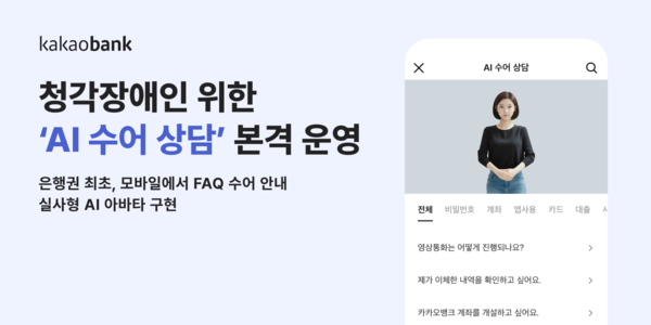 좌측 상단에 영문 소문자로 “kakaobank” 로고가 표시되어 있다.  그 아래 굵은 글씨로 “청각장애인 위한 ‘AI 수어 상담’ 본격 운영” 이라고 적혀 있다.  하단 설명 문구로 “은행권 최초, 모바일에서 FAQ 수어 안내 실사형 AI 아바타 구현” 이라는 문장이 두 줄로 배치되어 있다.  오른쪽에는 스마트폰 화면 형태의 이미지가 있으며, 상단에 “AI 수어 상담” 이라는 제목과 닫기(X) 아이콘이 보인다. 화면 중앙에는 검은색 상의를 입은 여성 실사형 AI 아바타가 정면을 보고 서 있다.  하단에는 메뉴 탭이 가로로 나열되어 있으며, “전체 / 입출금 / 계좌 / 대출 / 카드” 중 ‘전체’ 탭이 선택된 상태이다.  목록 형태의 문구로 다음 질문들이 보인다.  “영상통화는 어떻게 진행되나요?”  “제가 이용한 내역을 확인하고 싶어요.”  “카카오뱅크 계좌를 개설하고 싶어요.”
